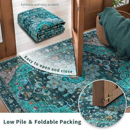 Ciicool Washable Runner Rug Nonslip, 2'x6' Teal Hallway Rug Non-Slip Vintage Kitchen Rugs Carpet Runner for Bedroom Laundry Bathroom Decor