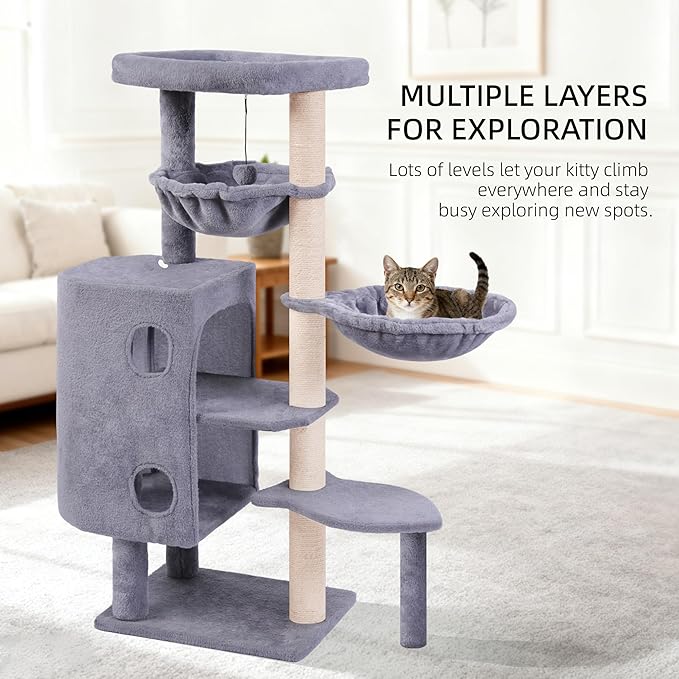 HUITREE 45in Cat Tree Tower with Big Condo for Indoor Cats,Cat Tower with Scratching Post,Scratching Board and Cat Toys,Multi-Level,Small Space,Transformer Cat Tree (Grey+)