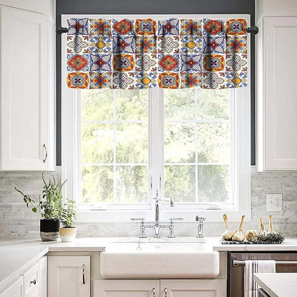 Mexico Valances Curtain for Kitchen, Mexican Talavera Ceramic Tile Patchwork Pattern Window Treatment Valances Short Curtains Rod Pocket Drape for Dining Room Home Farmhouse Decor, 54x18inch