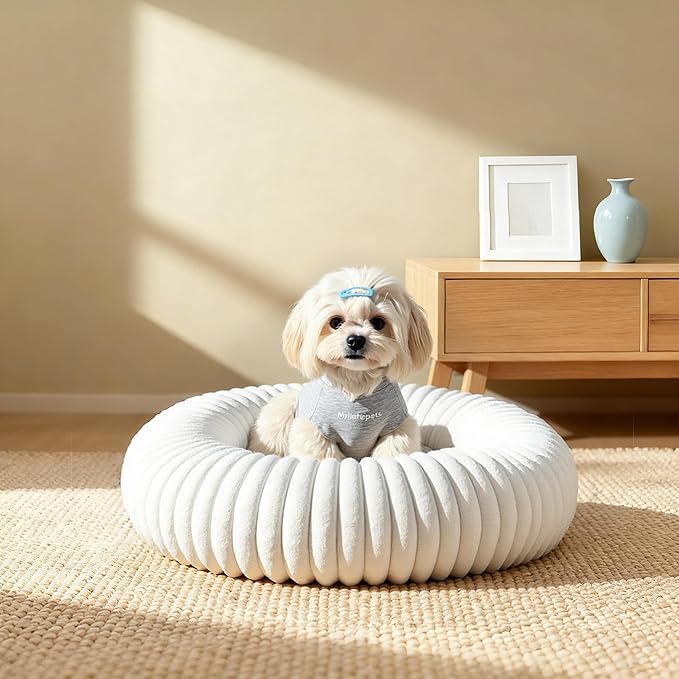 Calming Dog Bed Anti-Anxiety Donut Dog Beds for Small Medium Large Dogs,Washable Plush Fluffy Indoor Cat Kitten Round Cuddler Cushion (Cream, Medium)