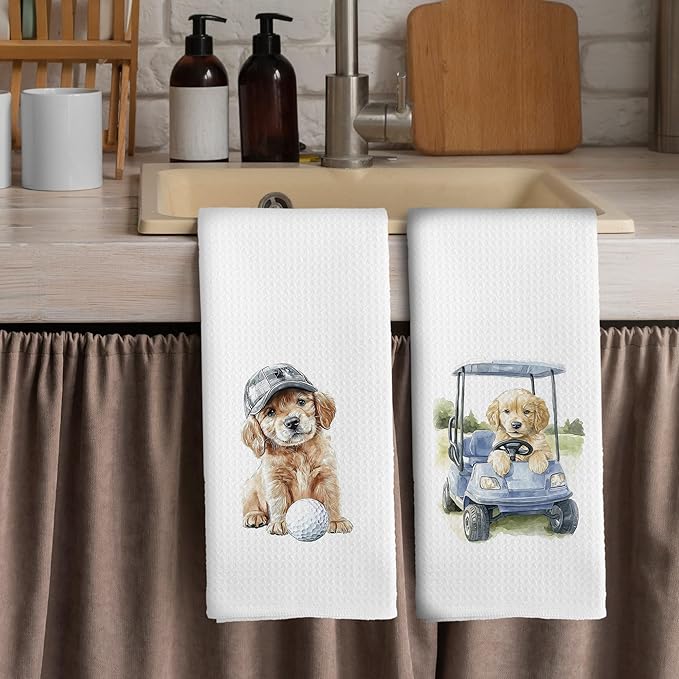 Golf Dog Kitchen Towels - Golden Retriever Dish Towels, Sports Gifts, Pet Golf Club Decorative Absorbent Dishcloths Hand Towels Set of 2 for Kitchen Spa Gym Decor 16x24 Inches