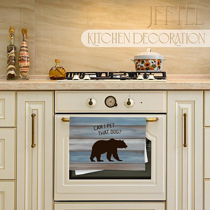 Funny Bear Kitchen Towels, Gifts for Bear Wildlife Camping Lovers Dish Tea Towels for Kitchen Decor, Can I Pet That Dog Decorative Hand Towel for Bathroom, 16x24 Inch - Rustic