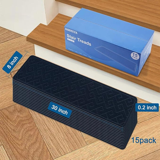 Stair Treads for Wooden Steps, 8" X 30" Non Slip Carpet Stair Treads with Reusable Adhesive for Kids Elders and Dogs, Surface Polyester TPR Backing Stair-Runner 15PCS