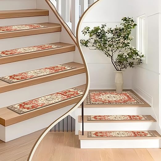 Non-Slip Carpet Stair Treads 15PCS, 8"x30" Peel and Stick Stair Runner for Wooden Steps Indoor, Washable Reusable Adhesive Backing, Pet-Friendly Safety Mats for Kids, Elders, Dogs