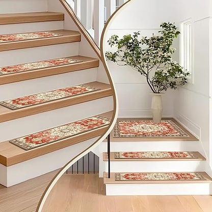 Non-Slip Carpet Stair Treads 15PCS, 8"x30" Peel and Stick Stair Runner for Wooden Steps Indoor, Washable Reusable Adhesive Backing, Pet-Friendly Safety Mats for Kids, Elders, Dogs