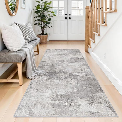 Abstract Runner Rugs 3x6 Washable Rug Non-Slip Hallway Carpet - Modern Neutral Kitchen Runners for Entryway, Bedroom, Laundry Room - Soft Low Pile Floor Mat 3x6 Grey