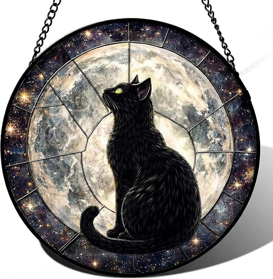Sanwarm Stained Glass Window Hanging, Black Cat Moon Galaxy Suncatcher Window Decor for Indoor Home Sun Catcher Ornament, Mother’s Day & Birthday Gift for Women, Men, Mom & Nana, 7.8 in