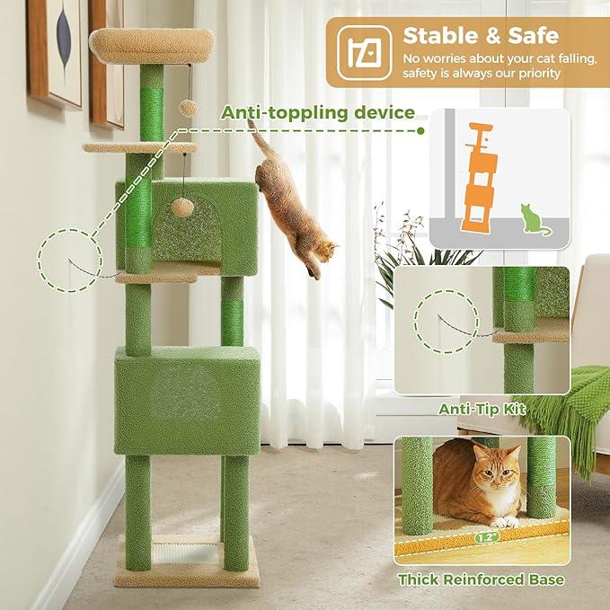 MUTTROS 62" Cat Tree for Indoor Cats, Multi-Level Cat Tower for Large Cats with Scratching Posts, 2 Spacious Plush Condos, Padded Perch, Soft Cat Bed, Scratching Pad & 2 Pompoms, Green