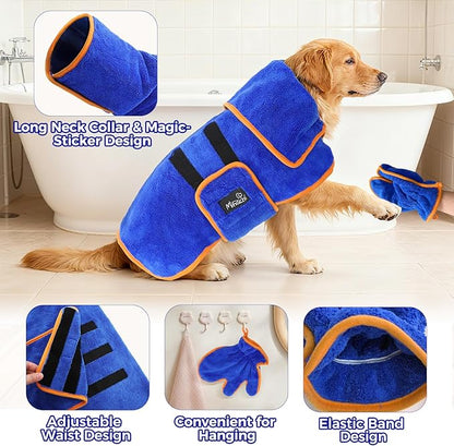 Mihachi Dog Bathrobe Towel Wrap Fast Drying with Drying Gloves Set, Super Absorbent Coral Fleece Dog Drying Coat Bath Robe for Puppy, Medium & Large Dogs, Adjustable Collar & Belly Strap, Blue 2XL