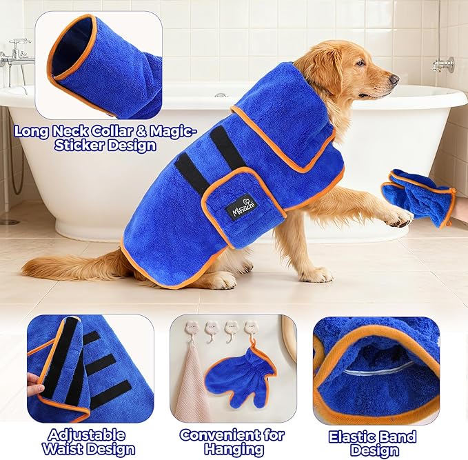 Mihachi Dog Bathrobe Towel Wrap Fast Drying with Drying Gloves Set, Super Absorbent Coral Fleece Dog Drying Coat Bath Robe for Puppy, Medium & Large Dogs, Adjustable Collar & Belly Strap, Blue M