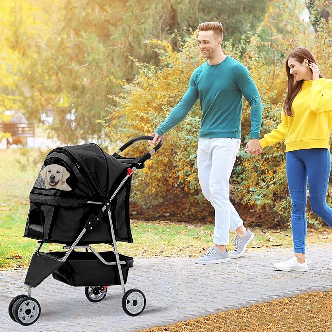 Pet Stroller for Small Medium Dogs & Cats,3-Wheel Breathable Compact Foldable Dog Carrier with Storage Basket, Outdoor Portable Lightweight Travel Stroller for Camping,Black