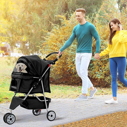 Pet Stroller for Small Medium Dogs & Cats,3-Wheel Breathable Compact Foldable Dog Carrier with Storage Basket, Outdoor Portable Lightweight Travel Stroller for Camping,Black