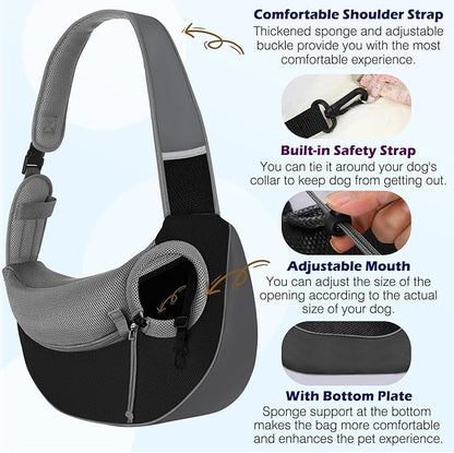 Pawaboo Pet Dog Sling Carrier, Hand Free Drawstring Dog Papoose with Adjustable Strap, Breathable Mesh Bag for Puppy Cat, Crossbody Satchel Dog Purse with Pocket for Outdoor, Dark Gray+Black, Medium