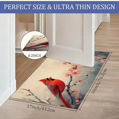 Red Cardinal Bird Front Door Mat,Anti-Slip Spring Pink Peach Flower Entrance Indoor Rug Mat,Low Profile Door Mat Entrance,Doormats for Home Kitchen Bedroom Porch, Hallways 30 x 17 Inch