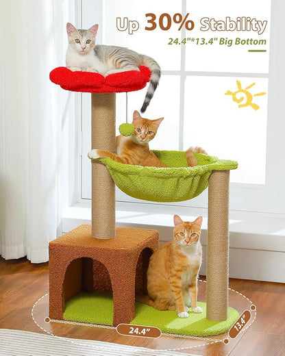 MUTTROS Flower Cat Tree with Sisal Scratching Posts, 35" Cute Cat Tower with Large Green Hammock for Small Indoor Cats, Cat Condo with Removable Flower Bed for Kittens, Brown