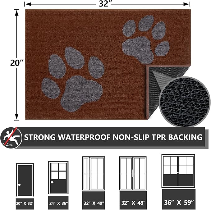 FONEYI Indoor Door Mat, 20"x32" Dog Mats for Muddy Paws, Rubber Backing Non Slip Super Absorbent Washable Entryway Rug, Low-Profile Front Back Door Mats, Inside Floor Doormats for Entryway, Brown