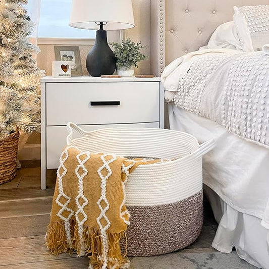 INDRESSME XXXLarge Blanket Basket for Living Room 21.7" x 21.7" x 13.8"-Storage Basket with Handle for Organizing Toy Pillows Woven Cotton Rope Laundry Basket Stuffed Animal Toy Storage for Play Room