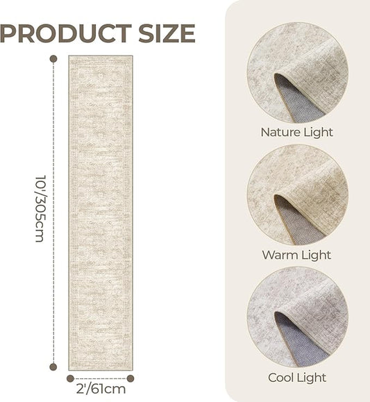 Long Bathroom Rugs Runner - Washable Runner Rugs for Hallway 2x10, Ultra-Thin Soft Kitchen Carpet Runner, Anti Slip Backing Runner Rugs for Entrance, Bedroom, Living Room(2'x10', Beige/Ivory)