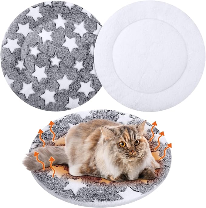 VitalCozy 2 Pack Self Heating Cat Pad Self Heating Cat Bed Machine Washable Heat Pet Mat Reversible Body Thermal Warm Round Dog Bed Crate Blanket for Feral and Indoor Cats(20'',Large Star)