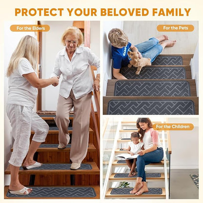 15 Pack 8 "X 30" Non Slip Stair Treads for Wooden Steps, Carpet Stair Treads Made of Polyester and Reusable Adhesive, Stair Runner Rugs for Kids, Elders and Dogs Pets (Gray)