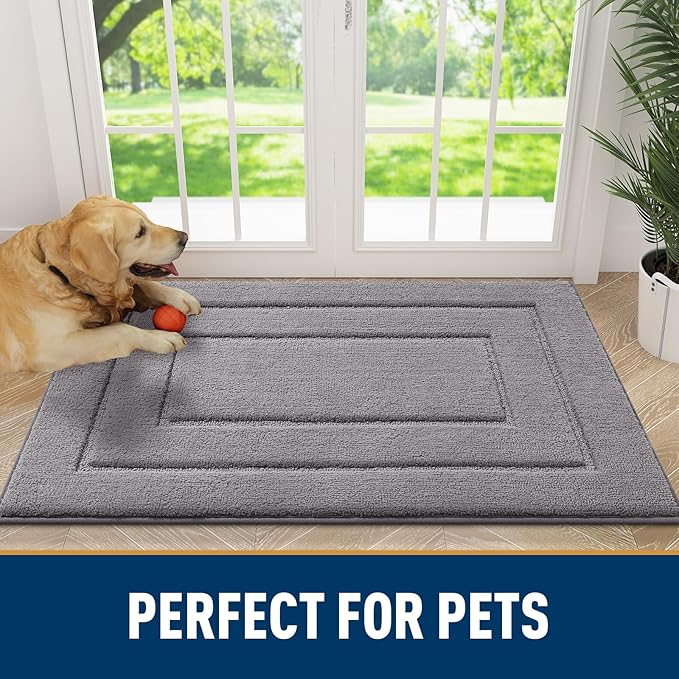 Smiry Dog Door Mat for Muddy Paws, Absorbs Moisture and Dirt, Low-Profile Entryway Mat with Non-Slip Backing, Entry Indoor Outdoor Doormat for Inside Floor (40x32 Inches, Grey, Bordered)