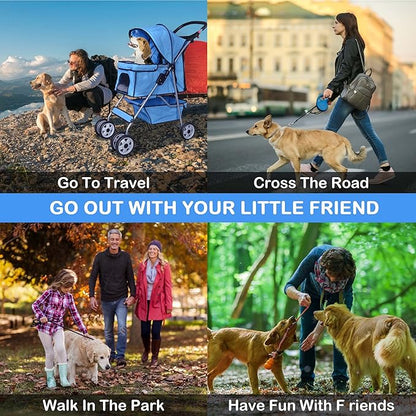 4 Wheels Dog Stroller, Foldable Pet Stroller for Small Medium Dogs, Portable Breathable Cat Stroller Dog Strollers with Storage Basket, Cup Holders, Removable Liner for Travel & Outdoor Use, Blue