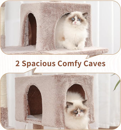 Gitelsnour Cat Tree for Indoor Cats, 71'' (180cm) Multi-Level Cat Tower for Large Adult, Sturdy Cat Tree House with 2 Scratching Boards 7 Posts, 2 Plush Perches/Condos, Hammock, Muchroom GCT032MU