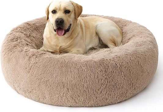 Bedsure Calming Dog Bed for Extra Large Dogs - 45in Donut Washable Large Pet Bed, Anti-Slip ＆Removable Cover,420GSM Round Anti-Anxiety Fluffy Plush Faux Fur, Fits up to 100lbs Pets,Plus Version