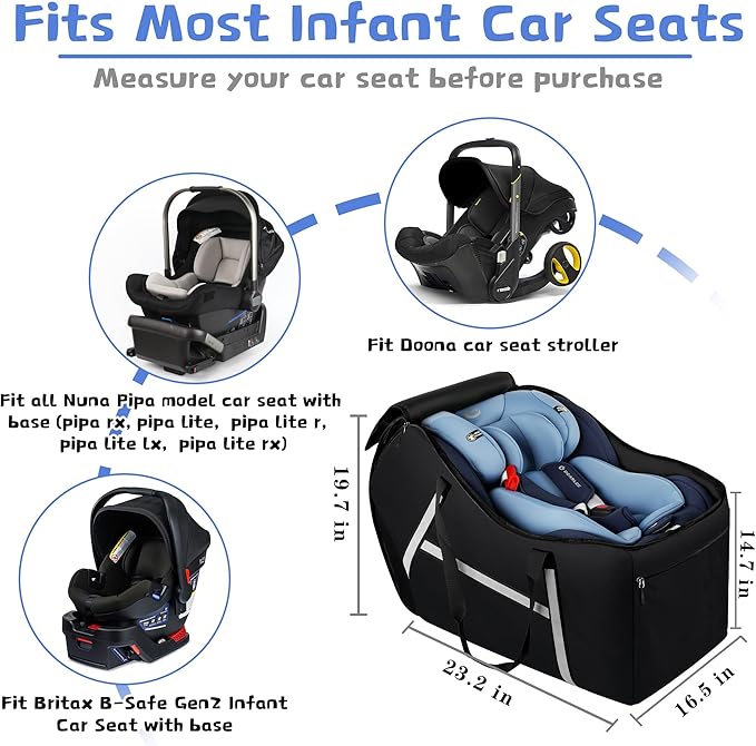 Infant Car Seat Travel Bag for Airplane Compatible with All Nuna Pipa Car Seat and Base,Chicco KeyFit 30 and Base, Padded Car Seat Bags for Air Travel,Car Seat Gate Check Bag with Side Pocket, Black