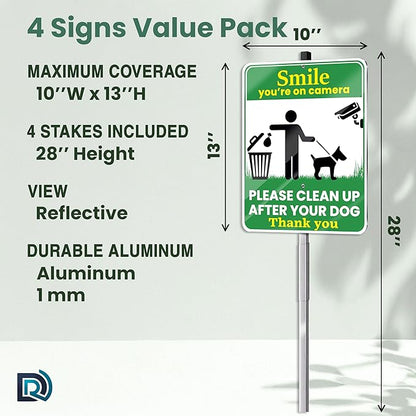 Clean Up After Your Dog Signs, Smile Youre on Camera Signs, 10 x 13 Inch Reflective Aluminum Outdoor Yard Signs with 28 Inch Metal Stake, 4 Pack