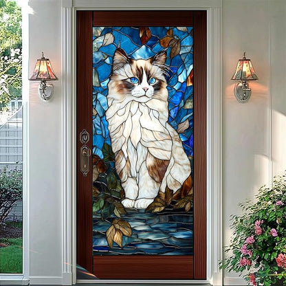 Privacy Window Film Cat Design Decorative Window Cling Stained Glass Style Static Cling Glass Sticker for Kitchen Bathroom Entry Door Panel 17.7 x 39.3 Inch