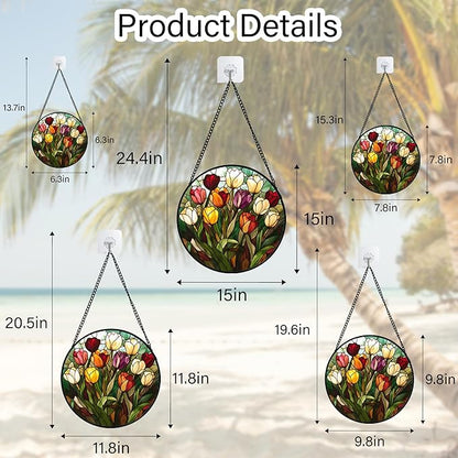 Stained Glass Window Hanging Colorful Tulip 9.8" - Flower Suncatcher Door Garden Sun Catcher Home Plant Decor Birthday Mother's Day for Mom Woman Friend Nana Colleague