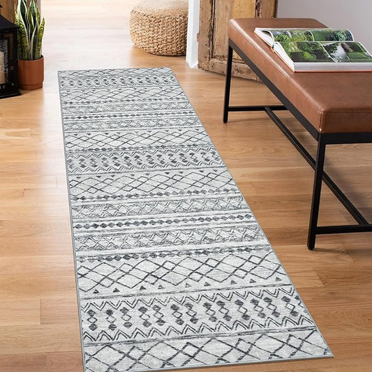 KUTA Boho Washable Runner Rug 2x5 ft Grey Moroccan Washable Runners for Hallways Non-Slip Vintage Kitchen Rug Ultra Soft Distressed Geometric Floor Carpet for Bedroom Laundry Living Room