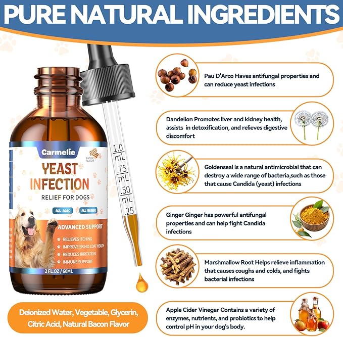 Natural Yeast Relief for Dogs, Support Healthy Itch Relief, Ear Paw Discomfort Care, Itch Relief for Dog, Allergy Supports, Inflammation Relief for Dogs, 60ml Bacon Flavor