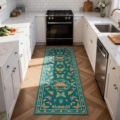 Unirea 2x6 Dark Blue Runner Rug, Washable Non Slip Insect Botanical Rug for Hallway, Kitchen, Bathroom, Laundry Room, Entryway, Bedroom, Soft Boho Door Mat Indoor Entrance Bug Rugs, Low Pile Carpet