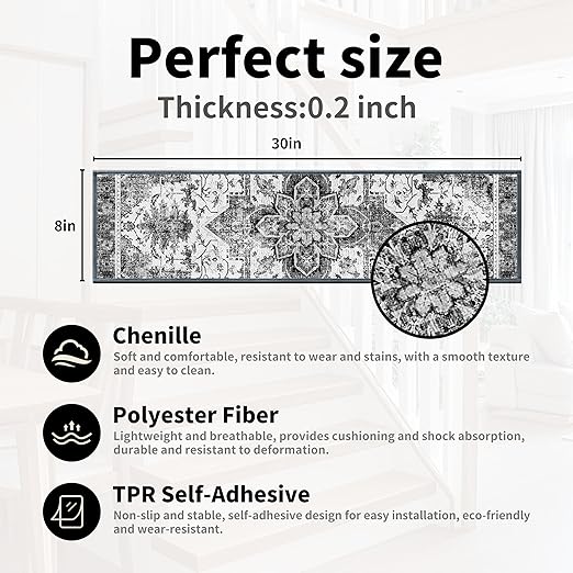 Non-Slip Carpet Stair Treads 7PCS, 8"x30" Peel and Stick Stair Runner for Wooden Steps Indoor, Washable Reusable Adhesive Backing, Pet-Friendly Safety Mats for Kids, Elders, Dogs