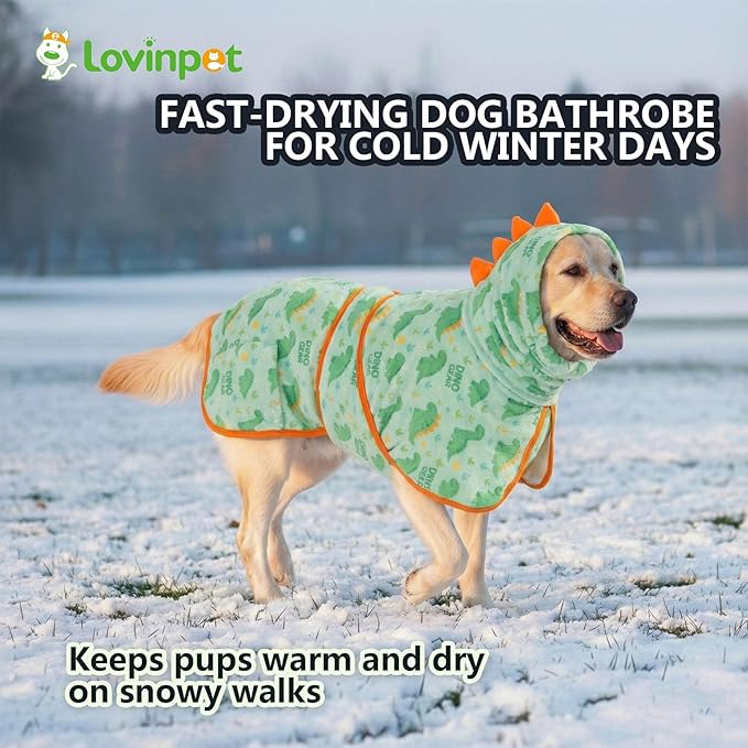 LovinPet 3‑in‑1 Dog Warm Winter Coat & Bathrobe, Hooded Dinosaur Fleece, Lightweight High‑Loft, Absorbent Knit, Quiet Hook‑and‑Loop, Wind‑Blocking Edges, Dog Robes for Medium & Large Dogs, Green,2XL