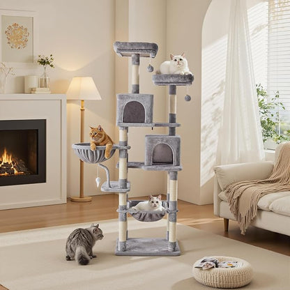 Large Cat Tree 71 Inch, Multi-Level Tall Cat Tree Tower with Condo, Perches, Sisal Scratching Posts and Hammock, Pet Play House with Dangling Balls for Indoor Cats, Light Grey