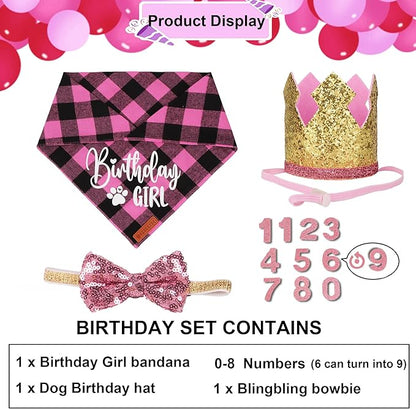 ADOGGYGO Dog Birthday Party Supplies, Pink Plaid Birthday Girl Dog Bandana, Golden Pet Party Hat with Numbers, Bowtie for Medium Large Pets (Large)