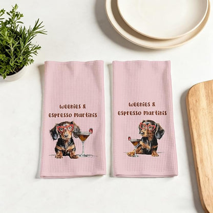 Weenies and Espresso Martini Kitchen Towels Set of 2, Dachshund Lover Gifts Dish Tea Towels for Kitchen, Gifts Cocktail Lovers Hand Towels, Weiner Dog Gifts, 16x24 Inch,CC154