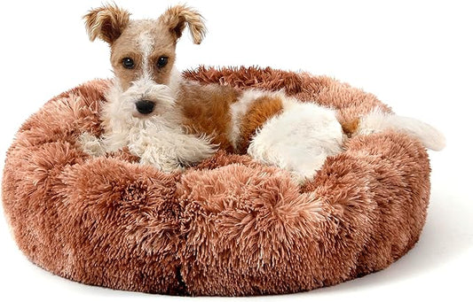 NOYAL Calming Donut Dog Bed for Small to Medium Dogs & Cats - Plush Faux Fur Anti-Anxiety Pet Bed with Machine Washable Cover & Non-Slip Base