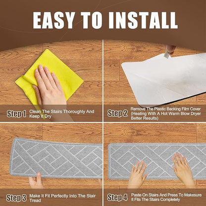 15 Pack 8 "X 30" Non-Slip Carpet Stair Treads for Indoor Wooden Steps, Made of Polyester and Reusable Adhesive, Suitable for Kids Elders and Pets（Light Grey Lines）