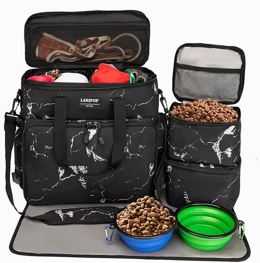 LARIPOP Dog Travel Bag Airline Friendly for Small Medium Large Dogs, Pet Travel Organizer with Collapsible Bowls Food Containers Mat, Waterproof Portable Tote for Dog Outdoor Travel