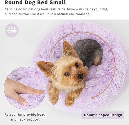 Purple and White Cat Bed for Indoor Cats Washable 15 inches Donut Soft Small Pet Bed,Calming Anti Anxiety Round Fits up to 5 lbs Warm Comfort Kitten Bed Indoor