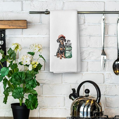 Golf Dog Kitchen Towels - Dachshund Dish Towels, Sports Gifts, Pet Golf Club Decorative Absorbent Dishcloths Hand Towels for Kitchen Gym Spa Decor 16x24 Inches