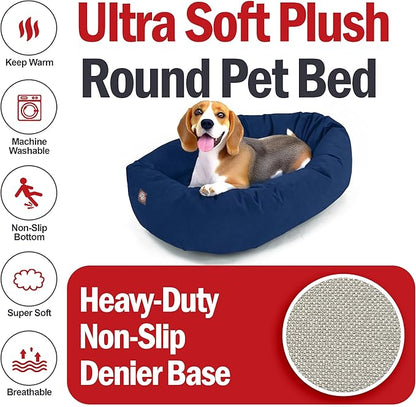 Majestic Pet 32 Inch Suede Calming Dog Bed Washable – Cozy Soft Round Dog Bed with Spine Support for Dogs to Rest Their Head - Fluffy Donut Dog Bed 32x23x7 (Inch) - Round Pet Bed Medium – Navy (2025)