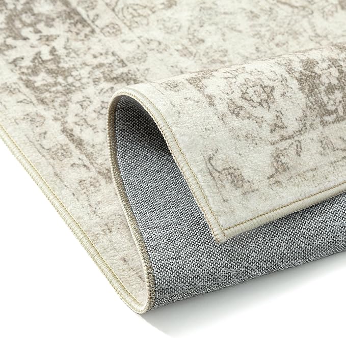 2x6 Runner Rug Beige Washable Hallway Kitchen Carpet Vintage Distressed Small Non Slip Low Pile Thin Bedroom Medallion Accent Throw Rug Laundry Living Room