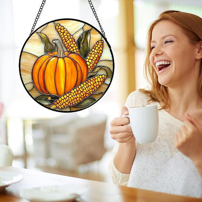Stained Glass Window Hanging Autumn Harvest Pumpkin Corn Large 11.8" - Suncatcher Door Garden Kitchen Sunroom Sun Catcher Fall Home Decor Birthday for Mom Grandma Men Woman