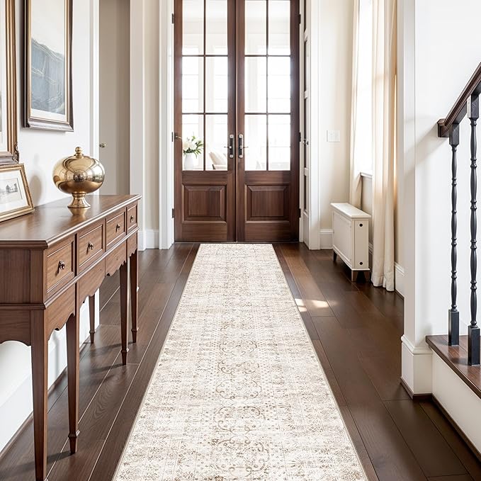 2'6x12 Washable Hallway Runner Rug - Vintage Kitchen Rugs with Non Slip Backing Low Pile Stain Resistant Carpets for Living Room Bedroom Entryway Soft Floor Mat for Laundry 2.6x12 Beige Brown