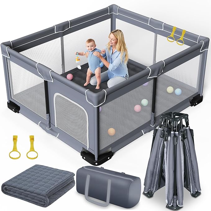 Foldable Baby Playpen with Mat, Extra Large Playpen for Babies and Toddlers with Gate, Portable Baby Yard, Indoor & Outdoor Play Area 71"x59"